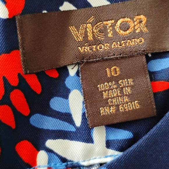 Victor Alfaro 100% Silk Navy Blue Floral Shift Dress Colorful Day Evening Sz 10 - Picture 14 of 16